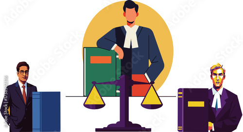 WebThree lawyers stand with scales of justice and law books in a courtroom scene