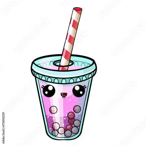 Boba tea or milk bubble tea with tapioca pearls. Funny kawaii character for kids design, print, stickers. Vector image of drink plastic glass. Strawberries or raspberries flavor.