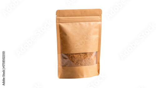Brown kraft paper stand up pouch with clear window isolated on transparent background