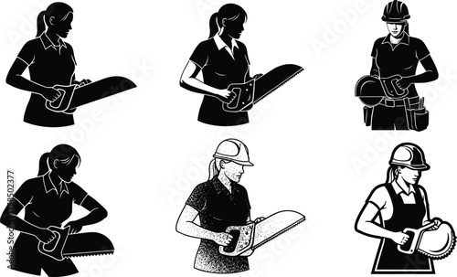 Women, construction, labor, tools, hard hat, safety, saw, manual work, female workers, empowerment, carpentry, DIY, equality, strength, tradeswomen, 