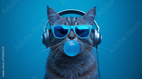 A cool cat is listening to music, chewing bubblegum and wearing sunglasses. It's a fun and lighthearted image that captures the essence of a modern feline