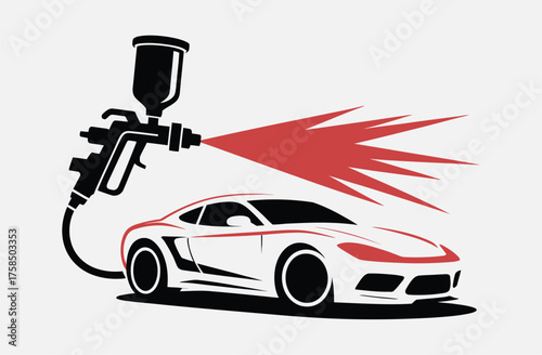 Automotive paint spray gun applying vibrant red paint to car surface in professional body shop – perfect for auto repair, customization, and industrial painting projects