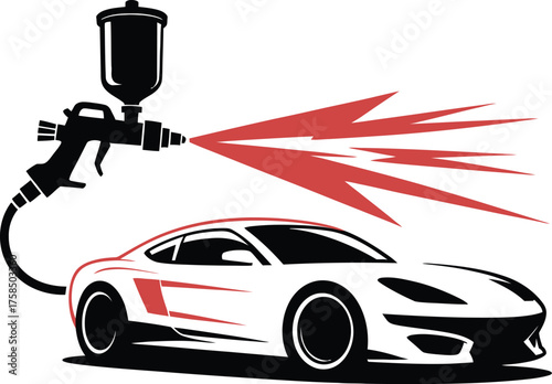 Automotive paint spray gun applying vibrant red paint to car surface in professional body shop – perfect for auto repair, customization, and industrial painting projects
