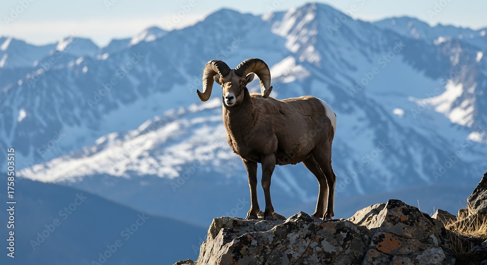 Naklejka premium Majestic bighorn sheep stands proudly on rocky outcrop with mountain backdrop