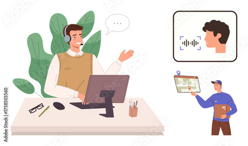 A customer service agent with a headset works at a desk, interacting with a face recognition system and discussing delivery updates. Ideal for technology, customer support, logistics, innovation