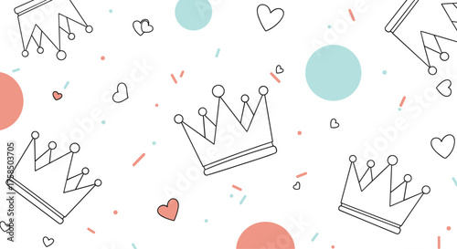 A charming whimsical pattern of delicate crowns and scattered confetti dots.
