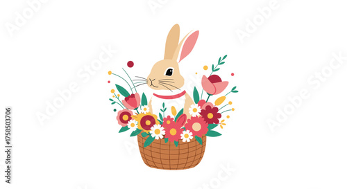 A charming rabbit peeking out of a basket full of colorful spring flowers.
