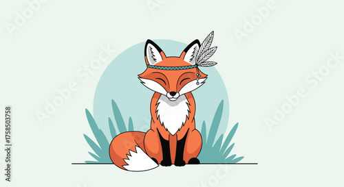 An adorable cartoon fox wearing a feather headband sits peacefully in nature.