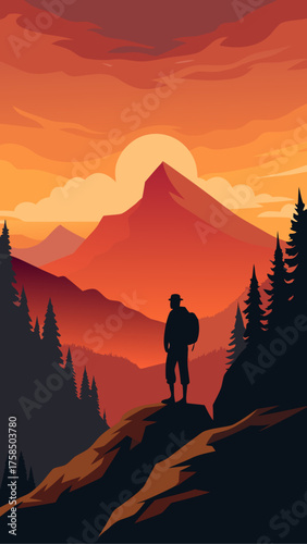 Silhouette of a hiker on a mountain peak at sunset with a vibrant orange sky