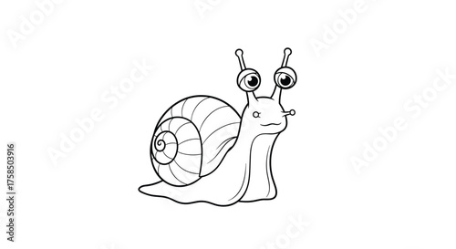 A cartoon drawing of a garden snail with big eyes and a spiraled shell.