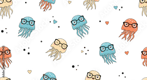 Cute little jellyfish wearing glasses on a white background with tiny dots and triangles.