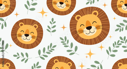 Cute repeating pattern of smiling lions with leafy branches and sparkling stars.