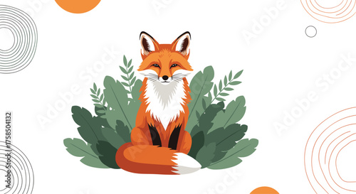 A beautiful orange fox with a fluffy tail sitting in green plants with abstract designs on a white background.