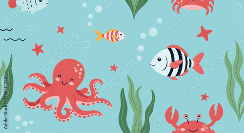 A cheerful underwater scene featuring cute sea creatures and plants.