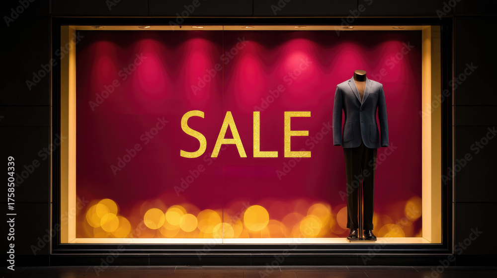 Fototapeta premium Store window display with SALE banner and mannequin in suit, featuring glittering decorations and glowing lights
