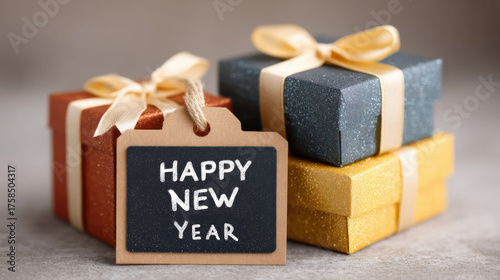 Gift boxes with ribbons and Happy New Year tag create festive atmosphere