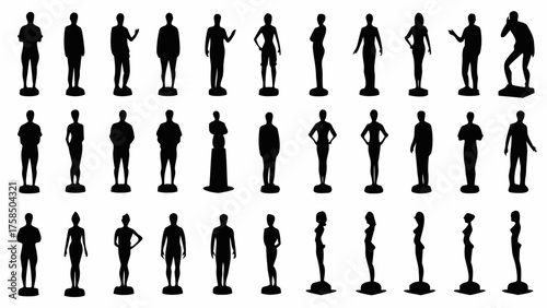Figurines collection silhouettes of diverse people poses artwork design elements, statue group