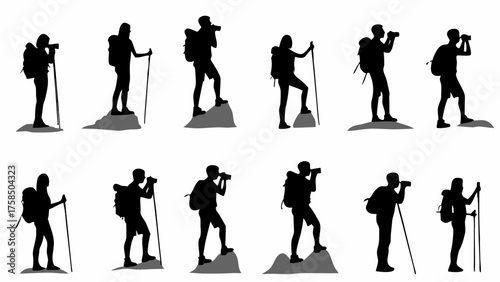 Inspiring hikers exploring nature, capturing stunning views, and enjoying outdoor adventures in silhouette style