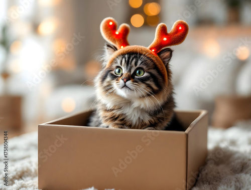Cute fluffy cat wearing glowing reindeer antler headband sitting in golden gift box, cozy modern Christmas interior with warm lights and elegant festive decorations