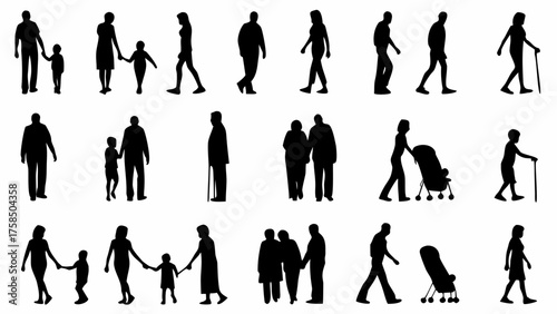Diverse silhouettes showcase family, couples and individuals walking with strollers and walking sticks