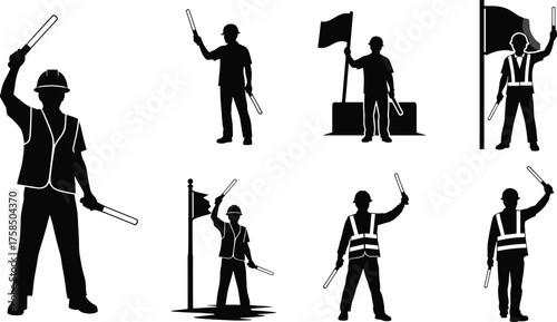 Construction workers silhouette, traffic control poses, safety vest, hard hat, baton signaling, flag holding, black vector, site safety, motion stance, teamwork
