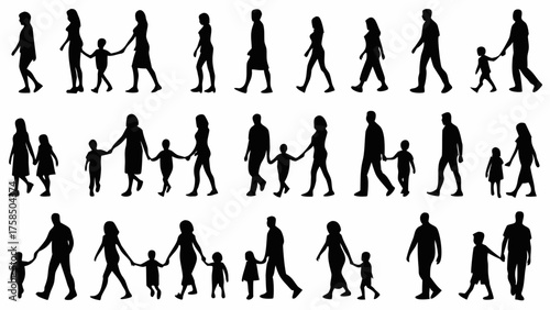 Walking family silhouettes together showing unity, love and family connection in black design