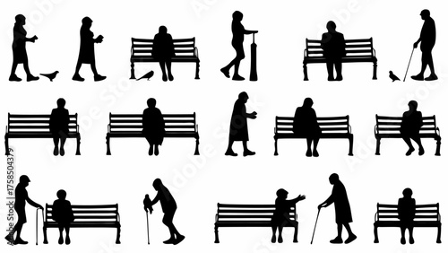 Silhouetted elders enjoy leisure time, park benches, walking, and bird feeding, a vector design