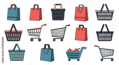 Collection of shopping bags and carts with various designs for retail.