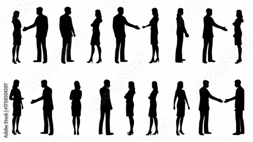Dynamic business silhouettes of man and woman striking deals, team building, and networking success