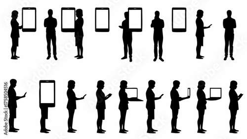 Diverse silhouette people using modern devices, tablets, laptops and phones, technology lifestyle