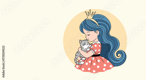 A beautiful princess with long blue hair and a crown is gently holding a cute kitten.