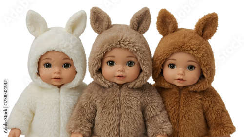 Cuteness Trio: Three adorable dolls, dressed in charming bunny-themed outfits, radiate innocence and warmth. Each doll possesses captivating features, making them irresistible.