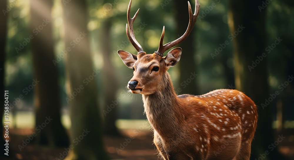 Naklejka premium Majestic deer in a forest with sunlight streaming through trees