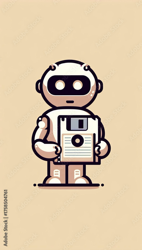 Obraz premium Robot Holding Floppy Disk Retro Tech 