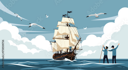 A majestic sailing ship navigates through choppy seas under a cloudy sky.