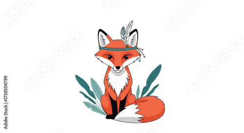 A charming little fox with a headband and feathers sits among greenery.