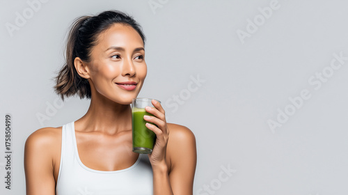 Smiling woman holding green smoothie, healthy lifestyle and nutrition concept.