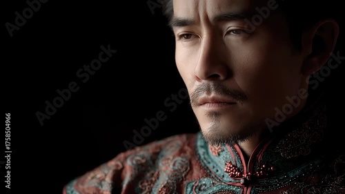 Close-up of Eastern Man in Traditional Costume Contemplating