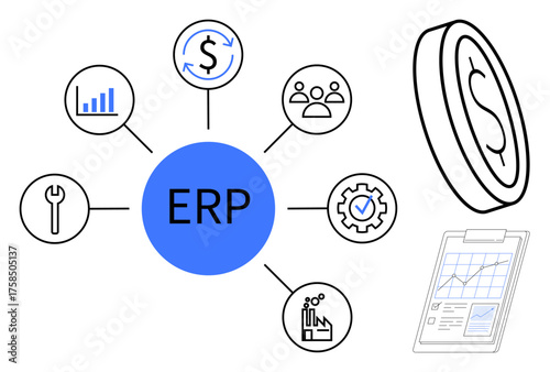 ERP in blue circle connects icons of finance, team management, tools, analytics, manufacturing, and settings. Ideal for business, organization, finance technology data strategies productivity