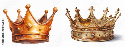 Two ornate vintage crowns side by side, detailed metallic craftsmanship.