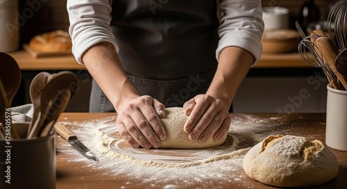 Kneading dough with flour and kitchen utensils on the counter