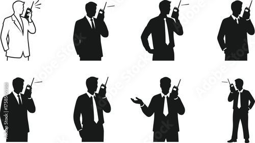 Walkie-talkie silhouette, security communication, professional gesture, black figure, safety helmet, radio device, standing pose, signal lines, vector art, workplace interaction
