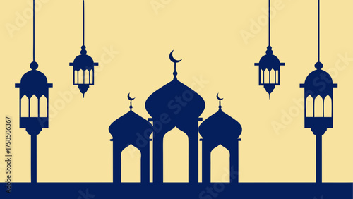 Silhouette of mosque and hanging lanterns