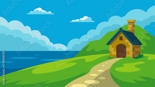 Cartoon house on a hill near the ocean with blue sky