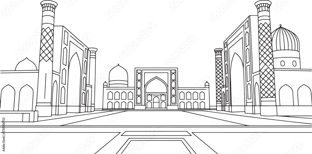 Fototapeta premium Detailed Line Drawing of Registan Square in Samarkand Vector on Transparent Backcloth