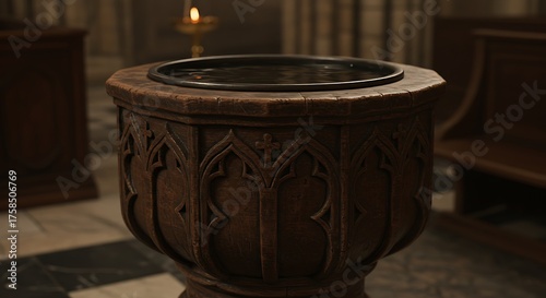 Ornate wooden baptismal font inside church interior with dim lighting