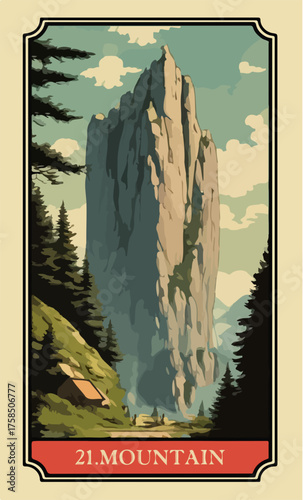 The mountain. A comic-style fantasy card from the Lenormand Oracle deck. The classic 5:3 ratio for divination cards.