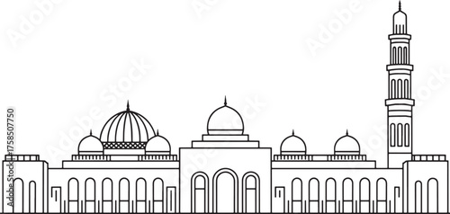Outline Drawing of Mosque Architecture, Islamic Religious Landmark, Thin Line Art