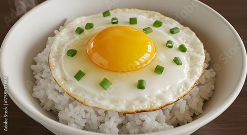 Overhead view of a fried egg on a bed of cooked rice in a white bowl