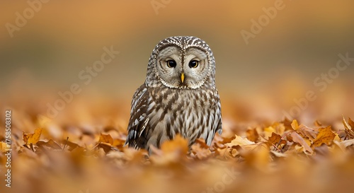 Owl amidst autumn leaves a close up shot of a majestic bird in natural habitat